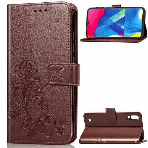 Wewoo Housse Coque Étui en cuir à Motif fleurs pressées Lucky Clover pour Galaxy M10avec porte-cartes et porte-cartesportefeuille et dragonne Marron