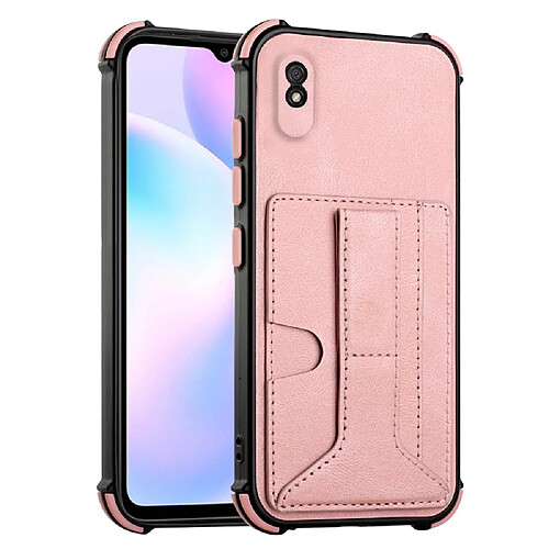 Coque en TPU + PU antichute, rigide avec béquille, porte-cartes or rose pour votre Xiaomi Redmi 9A