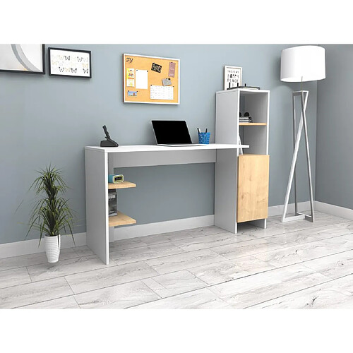 Vente-Unique Bureau avec rangements - Coloris : Blanc et naturel - NAROCI