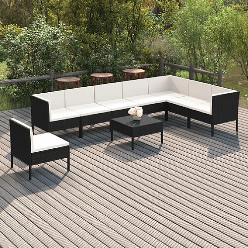 vidaXL Salon de jardin 9 pcs avec coussins Résine tressée Noir