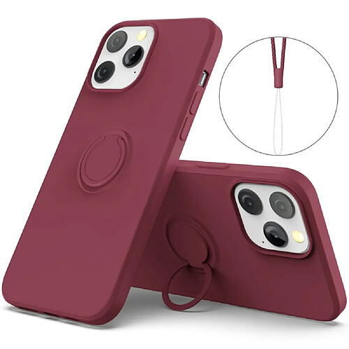 Coque en silicone, antichoc avec béquille à anneau réglable et sangle rouge vin pour votre Apple iPhone 13 Pro Max 6.7 pouces