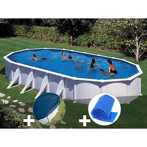 Kit piscine acier blanc Gré Atlantis ovale 10,20 x 5,75 x 1,32 m + Bâche hiver + Bâche à bulles