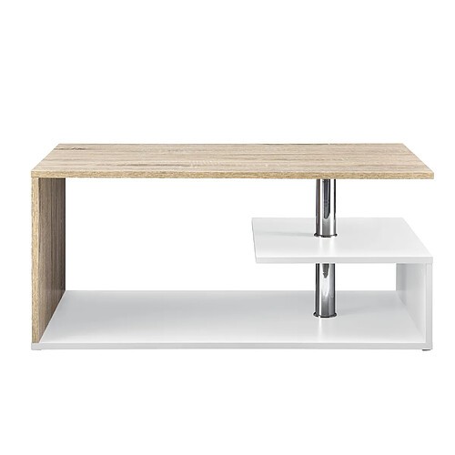 Helloshop26 Table basse de salon avec étagère rangement en MDF 90 cm blanc et chêne 03_0004157