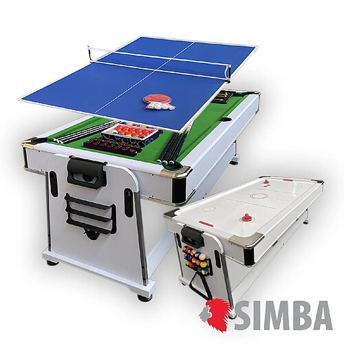 Simba BILLARD AMERICAIN BLANC 7FT VERT+HOCKEY DE TABLE+TABLE DE TENNIS+PLAN COVERTOUR