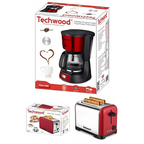 Techwood PACK DEJEUNER Cafetière Machine à café Programmable Inox Rouge 1.5L 1000W + Grille-pain Inox Rouge 2 Fentes 700W