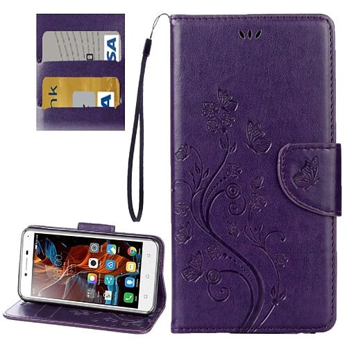 Wewoo Housse Étui Violet pour Lenovo Vibe K5 Papillons Amour Fleurs Gaufrage Horizontal Flip en cuir avec support & Slots de cartes Portefeuille & Longe foncé