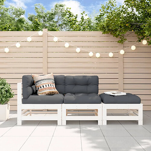 vidaXL Salon de jardin 3 pcs avec coussins blanc bois massif