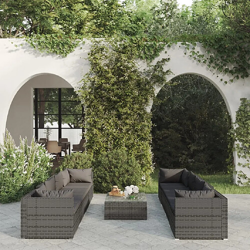 vidaXL Salon de jardin 9 pcs avec coussins Résine tressée Gris