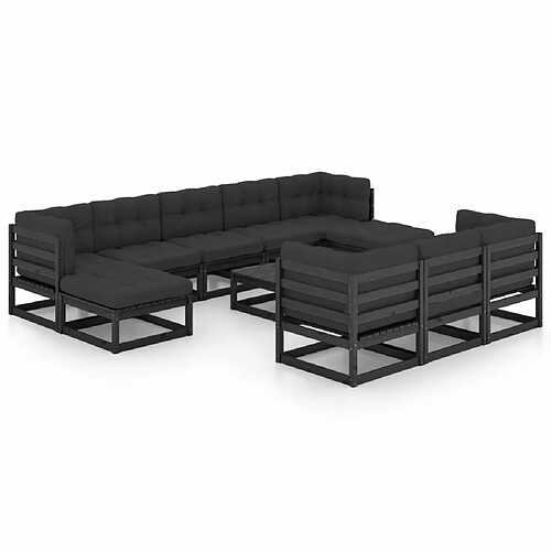 Maison Chic Salon de jardin 11pcs + coussins - Mobilier/Meubles de jardin - Table et chaises d'extérieur Noir Bois de pin massif -MN30949