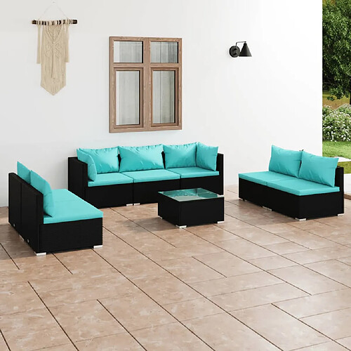 vidaXL Salon de jardin 8 pcs avec coussins Résine tressée Noir