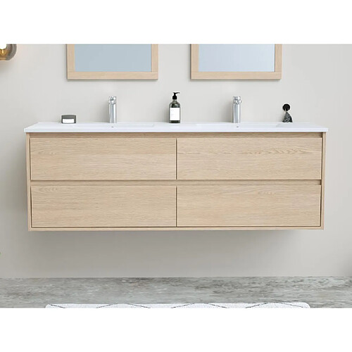 Vente-Unique Meuble de salle de bain avec vasque à encastrer et miroir - Placage chêne - 150 cm - MILIPAM