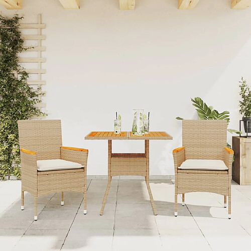 vidaXL Ensemble à manger de jardin et coussins 3pcs beige rotin acacia