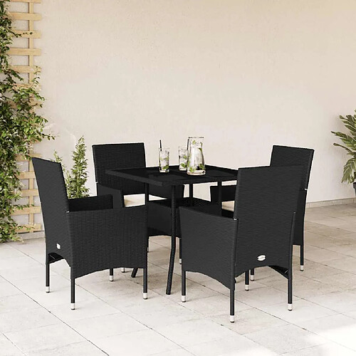 vidaXL Ensemble à manger de jardin et coussins 5 pcs noir rotin verre