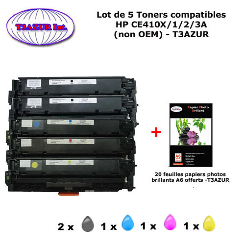 5 Toners génériques HP CE410X, CE410X, CE411A, CE412A, CE413A, HP 305X +20f papiers photos A6 -T3AZUR