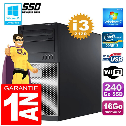 PC Tour DELL 7010 Core I3-2120 Ram 16Go Disque 240 Go SSD Wifi W7 · Occasion