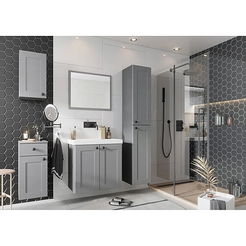 Pegane Ensemble salle de bain Sofia avec meuble + vasque + Miroir + Colonne + 2 meubles compléments couleur gris mat