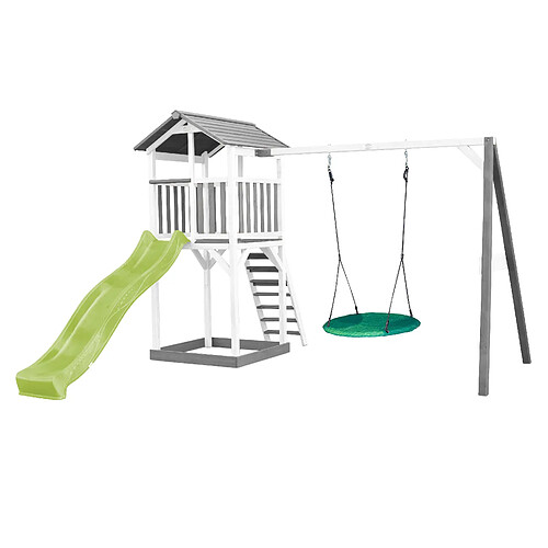 AXI Beach Tower Aire de Jeux avec Toboggan en VERT Clair, Balançoire Nid d'oiseau VERT & Bac à Sable | Grande Maison Enfant extérieur en Gris & BLANC | Cabane de Jeu en Bois FSC