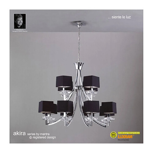 Luminaire Center Suspension Akira 2 Tier 12 Ampoules E14, chrome poli avec Abat jour noirs