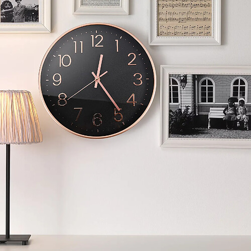 KILISKY Horloge murale - 30 cm - Muette - Horloge à quartz ronde - Convient pour salon, bureau - Fond noir or rose