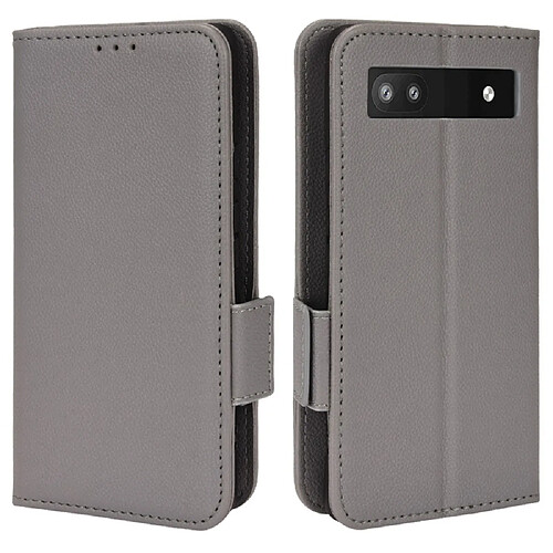 Etui en PU texture litchi, double fermeture magnétique avec support, gris pour votre Google Pixel 6a