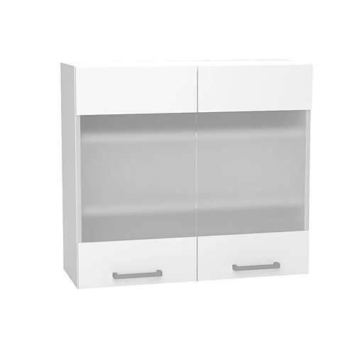 Pegane Meuble haut de cuisine avec 2 portes coloris blanc et verre gris - longueur 80 x profondeur 28 x hauteur 72 cm