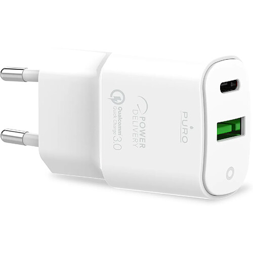 Chargeur maison double Mini USB A+C 20W Mini Blanc Puro