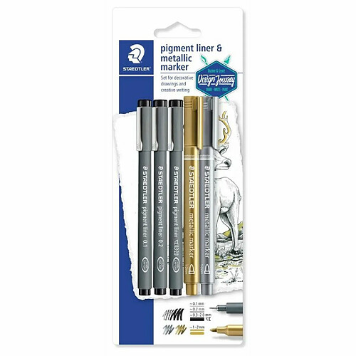 Promark Staedtler Pigment Liner & Metallic Marker, Ensemble créatif incluant 3 feutres fins à encre noire infalsifiable et 2 feutres à encre métallique, Livrés sous étui blister, 308 SBK3P3