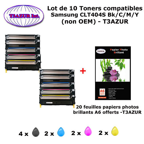 10 Toners génériques SAMSUNG CLT-K404 , CLT-C404, CLT-M404, CLT-Y404, CLT404S Bk,C,M,Y imprimante+20f A6 brillantes-T3AZUR