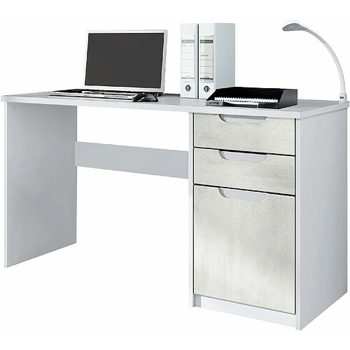 Mpc Bureau Avec 2 Tiroirs Et D’une Porte Blanc Mat Et Aspect Béton Oxyde (129 X 76 X 60 Cm)