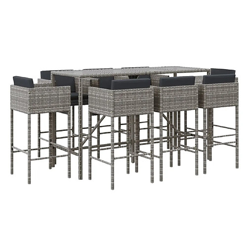 Maison Chic Ensemble de bar de jardin 9 pcs et coussins,Table + chaises + coussins d'extérieur gris poly rotin -GKD417593