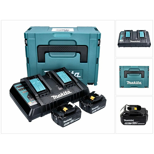 Makita Power Source Kit 18V Li : 2x Batteries BL1850B 5.0Ah + Chargeur double DC18RD + Coffret Makpac ( 197629-2 )