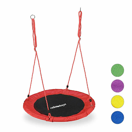 Relaxdays Balançoire nid d'oiseau rond 90 cm à suspendre enfant adulte jardin extérieur Ø 90 cm, 100 kg , rouge