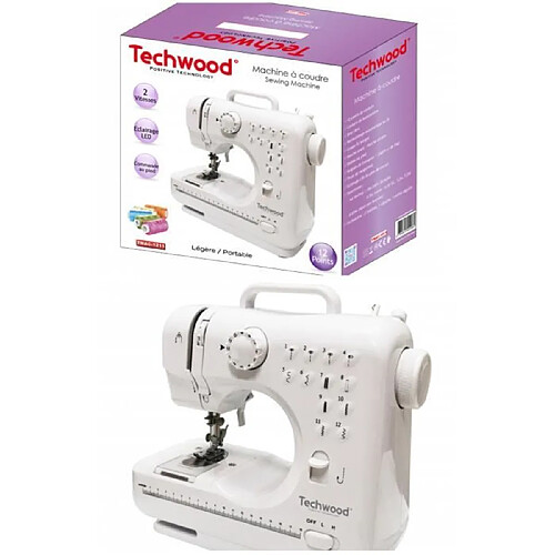 Techwood MACHINE A COUDRE Electrique Blanche domestique 12 Points intégrés Eclairage LED 2 bobines, 1 aiguille, 1 enfile aiguille