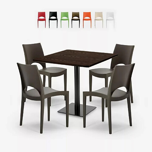 Grand Soleil Ensemble Table 90x90cm Horeca et 4 Chaises Empilables Bar Restaurant Prince - Marron