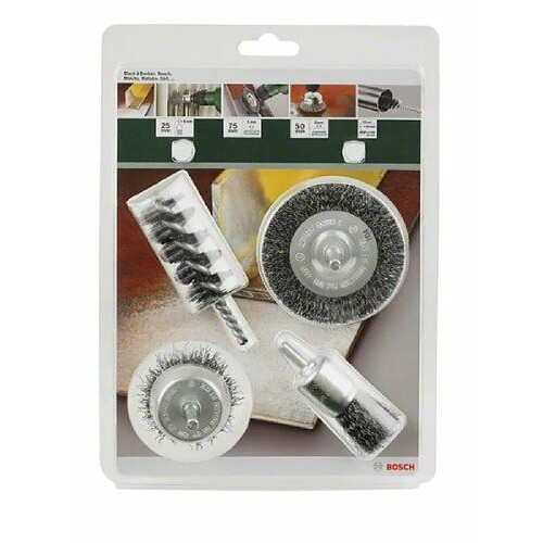 Bosch 2609256553 Assortiments de 4 brosses: Brosse circulaire/Brosse pinceau/Brosse cylindrique/Brosse boisseau Queue de 6 mm