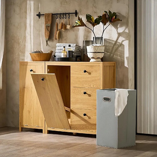 SoBuy BZR97-SN Armoire à Linge avec Sac à Linge, Meuble Bas de Salle de Bain, Commode pour Salle de Bain, Armoire Toilette avec 3 Tiroirs et 1 Panier à Linge, Naturel Foncé, 80x35x90 cm