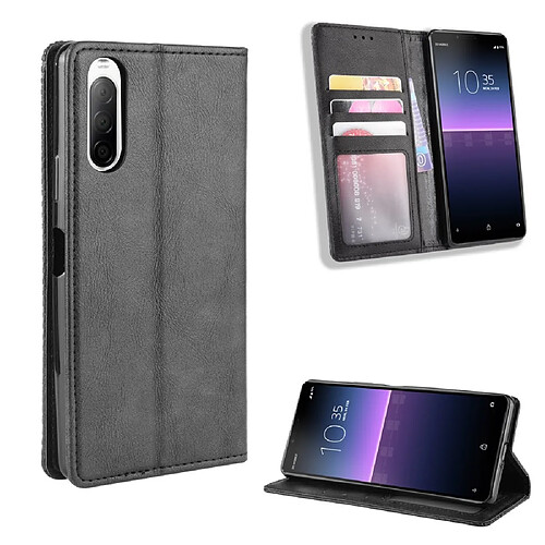 Etui en PU bouton-pression magnétique style vintage avec support noir pour votre Sony Xperia 10 II