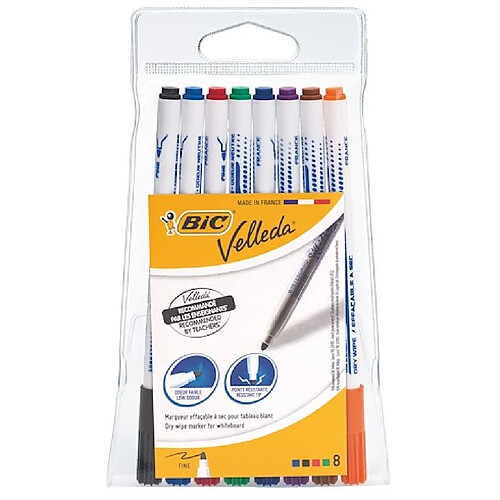 Marqueur effaçable Bic Velleda 1721 pointe fine 1,2 mm - pochette de 8