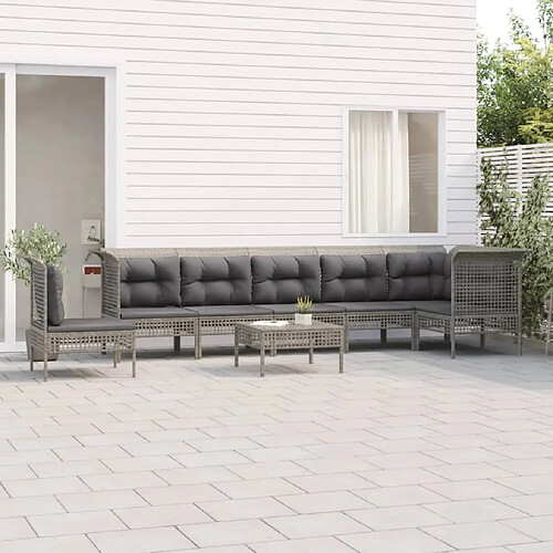 vidaXL Salon de jardin 8 pcs avec coussins Gris Résine tressée