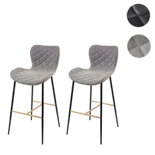 Mendler 2x tabouret de bar HWC-E55, chaise de bar/comptoir, vintage, haubans dorés ~ similicuir, aspect daim, gris