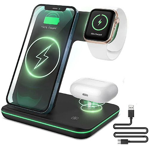 Chrono Chargeur sans fil, station de charge rapide certifiée Qi 3 en 1 compatible avec Apple Watch SE/6/5/4/3/2/AirPods 2/Pro, chargeur sans fil pour iPhone 12/11/Pro Max/XS/XS Max/XR /X/8/8P/Samsung S20/S10,(noir)