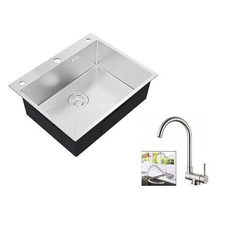 Auralum max Évier de Cuisine à Encastrer,1 Bac,60*49*20CM,Évier en inox 304,Silver+Mitigeur Cuisine Rabattable Pivotant 360° Eau froide Chaude