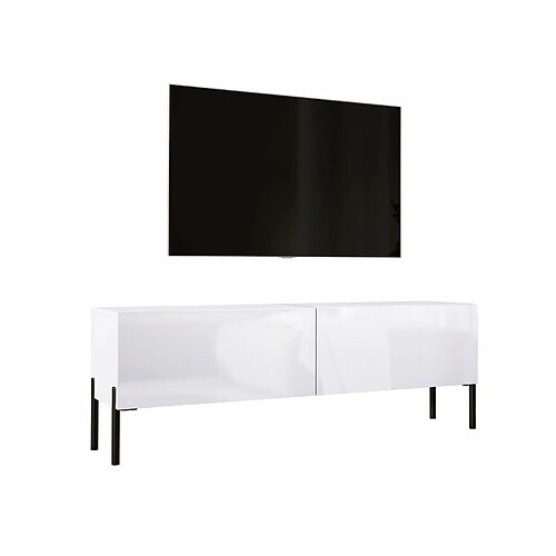 3XELIVING Meuble TV en couleur Blanc mat / Blanc brillant avec pieds droits en noir, D: l : 140 cm, H : 52 cm, P : 32 cm