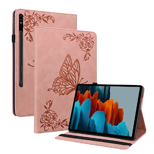 Etui en PU motif papillon et fleur avec support et porte-carte rose pour votre Samsung Galaxy Tab S8