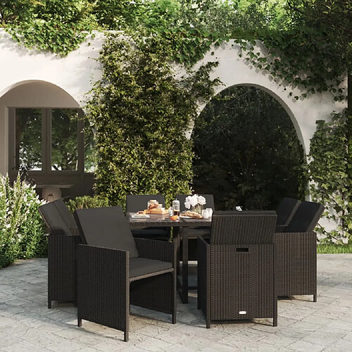 vidaXL Ensemble à manger de jardin coussins 9pcs Résine tressée Noir