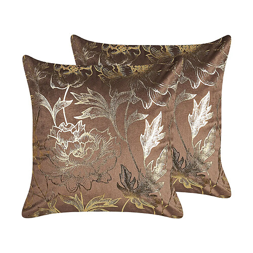 Beliani Lot de 2 coussins DAFFODIL Velours 45 x 45 cm Floral Marron