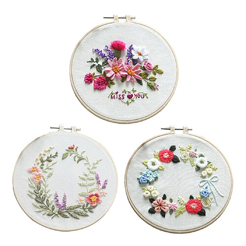 3pcs/ Kit de Démarrage de Broderie avec Motif de Fleurs , DIY Point de Croix Broderie Starter kit,Embroidery Starter Kit pour Adultes Débutant