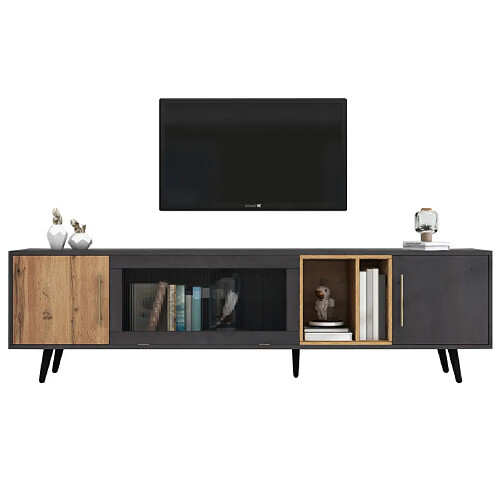 ComfortXL Meuble Tv Élégant, Dimensions 200x40x55,5 Cm, Bois Foncé Avec Veinage Gris