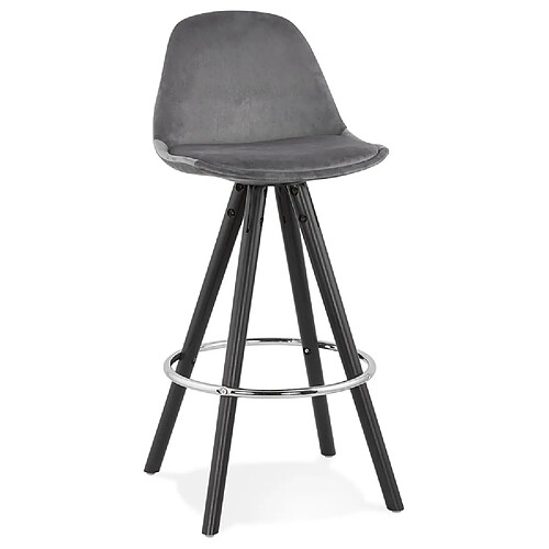 Alterego Tabouret snack mi-hauteur 'SPIRIT MINI' en velours gris et pieds en bois noir