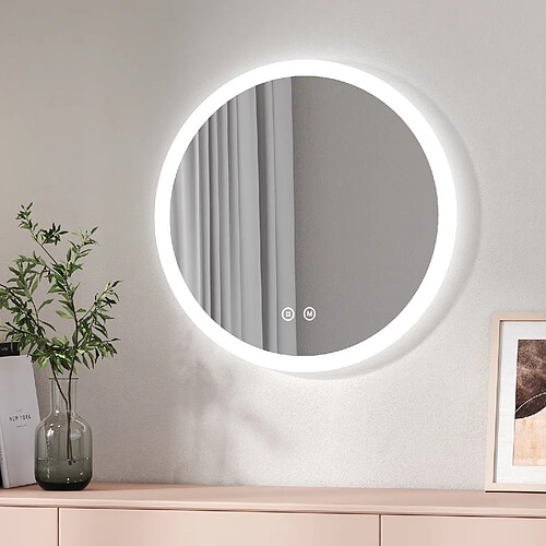 EMKE Miroir salle de bain rond avec éclairage avec Interrupteur tactile, Anti-buée, 3 Couleurs de lumière, Dimmable, Fonction mémoire, 60cm diamètre